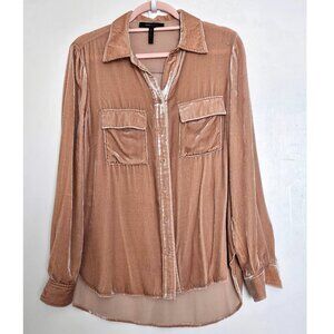 BCBGMaxAzria Anderson Velvet Long Sleeve Button Up Shirt, S, Peach